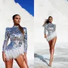 Luxury Feather Cocktail Dresses Beaded Sequined Short Long Sleeve Women Gowns Silver Prom Dress Evening Wear For Photos