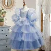 Blue Lace Flower Girl Bows Children's First Holy Communion Dress Princess Formal Tulle Ball Gown Wedding Party 2-14 Years 403
