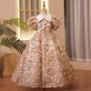 2022 Flower Girls Robes Sheer Cou Long Flowers Flowers Kids Kids Formal Wear Gold Satin Girl Robe pour mariage