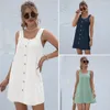 Casual Dresses Summer 2022 Retro Women Solid Pocket Strap Dress Fashion A Line Off Shoulder Button Bodycon Vintage Beach Vestidos