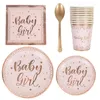 Одноразовая столовая девочка Baby Girl Girl Rose Gold Swareware для ознакомления с первым декором для вечеринки по случаю дня рождения