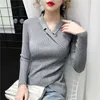 Kvinnors tröjor 2022 Långärmning stickade hoppare Kvinnliga damer Sexiga kontor V Neck Pullovers Slim Tops Autumn Winter Sweater