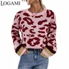 Chandails pour femmes LOGAMI Automne Hiver Col Rond Pull Femme Pull Contraste Couleur Léopard Pull En Tricot 220920