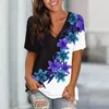 Kvinnors T -skjortor Womens V Neck Top Retro Floral Print Kort ärm Loose Tee Shirt Casual Summer Blue Cotton Women