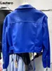 Damen Leder Faux Lautaro Frühling Herbst Kurze Blaue Weiche Pu Biker Jacke Frauen Reißverschluss Langarm Gürtel Coole Luxus Designer Kleidung 220919