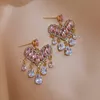 Boucle d'oreille de luxe en cristal rose pour femmes, mode coréenne, brillant, CZ, goutte d'eau, bijoux doux pour fête de mariage