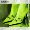 부츠 Eilyken 2023 새로운 겨울 소프트 가죽 여성 포인트 발가락 체인 프린지 지퍼 펌프 발 뒤꿈치 패션 레이디 파티 신발 L220916