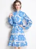 Casual Dresses Fode Hollow Out Loose Lace-Up 2022 Autumn Long Sleeve Vintage Blue and White Porcelain Print Mermaid Dress Vestidos