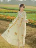 Casual Dresses SWEETXUE 2022 Summer Hanfu Women Chinese Style Sunflower Embroidered V-neck Chiffon Beaded Fairy Girl Female Vestidos