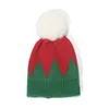 Knitted Winter Hat Kids Green Red Stitching Wool Cap Warm Fur Ball Cold Hats Children Christmas Plush Pom-pom Beanie Hat