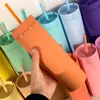 17 colores pastel Vasos delgados de acrílico mate de 16 oz con tapa de paja Botellas de agua delgadas con aislamiento de doble pared Vasos de plástico reutilizables de bricolaje Tazas de café Macron