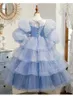 Blue Lace Flower Girl Jurk Bows Children's First Holy Communion Dress Princess Formal Tule Ball Jurk Wedding Party 2-14 jaar