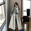 Women's Wool Blends Coat Spring Autumn Windbreaker Jacket Female Green Trench Quality Clothing Leather Stitching Windproof Long Ladies Cloak 220919