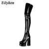 Bottes Eilyken Femmes Cuisse Haute Double Plateforme Bloc Talons Sur Le Genou Zip Sexy Longue Pour Femme Chaussures L220916