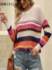 Mulheres suéteres primavera e verão mulheres moda listrado colorblock malha pulôver estilo europeu oco camisola de malha manga longa top 220920