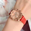 Montres-bracelets De Luxe Bracelet En Cuir Rose Froid Montres Pour Femmes Cristal Spinning Montre Étanche BONNE CHANCE Rotation Quartz Coffret Cadeau