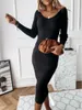 Casual Dresses Women's Knitted Autumn Winter Fashion Sexy V-neck Bodycon Long Sleeve Midi Pencil Maxi Dress