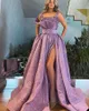 Graceful Purple A Line Prom Dresses Colletto quadrato Fiori fatti a mano Abiti da festa Split Abito da sera su misura