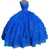 Königsblaues Quinceanera-Kleid mit Pailletten, schulterfrei, Ballkleid, handgemachtes Blumen-Kristall-Korsett, Sweet 15-Geburtstagsfeier, Abschlussball, Vestidos de 15 Jahre, Rot-Grün