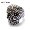 Prawdziwa solidna 925 Sterling Srebrna Sugar Skull Pierścienie dla mężczyzn Meksykański Retro Gold Kolor Karór Słońca Grawerowany punk -punkowy J01122814