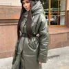 Damskie Parkas Malina Hooded Pu Fashion Tie Pasek Elegancki solidna sztuczna skóra szczupła długa bawełniana kurtki żeńskie kobiety 220919