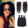 Brazilian Kinky Curly Human Hair Weaves 3 Bundles With 4x4 Lace Closures Natural Black Color Pre-Plucked231j
