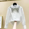 여성용 블라우스 구슬로드 칼라 셔츠 여자 2022 가을 느슨한 퍼프 슬리브 탑 디자인 흰색 블라우스 시폰 캐주얼 버튼