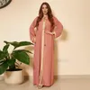 Casual Dresses Golddruck Muslim Abaya Kleid Frauen Kaftan Pailletten Spitze Detail Lose Robe Islam Dubai Naher Osten Arabisch Marokkanischer Kaftan