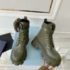 Army Green Leather Ankle Combat Boots Girl Platform Wedges Nylon Pouch Lace-Up Sneakers Round Toe Block Heel Flat Booties Chunky Luxury Designer Women Zapatos