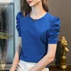 Kadın Tişörtleri Puf Kılıf Üstü Kadın Yaz Yuvarlak Boyun İnce Düz Renk Kısa kollu tişört küçük gömlek
