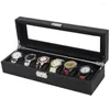 Boîtes de montre 6 Slot Box Case Mens Verrouillable Titulaire PU Cuir Bijoux Organisation Verre Top