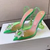 Amina Muadi Sandálias de PVC Sapato de Salto Sapato de Luxo Designer Laço Enfeitado com Cristal Fivela Bico Pontudo Sandália de Girassol 10Cm Jantar Calçado de Fábrica Com Caixa