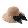 Chapeaux à large bord 2022 Mode Parent-Enfant Été Britannique Perle Perles Big Bow Fille Fille Chapeau De Paille Bébé Ombrage Soleil Dame Plage