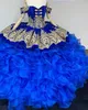 Royal Blue Quinceanera klänningar hästsko snörning korsett charro mini mexikanska xv flickor tävling klänningar organza prom klänning