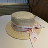 Chapeaux à large bord Chapeau de plage fille paille pour femmes plat solide mignon bébé enfants enfant soleil petit 52 cm kaki Beige bande Chapeau Femme