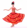 Desgaste do palco 2022 de alta qualidade cetim vermelho preto adolescente adolescente meninas espanholas saia de flamenca espanhola vestido de salão de baile listrado