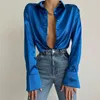 Satin Long Sleeve Blouses Women Tops 2022 Vintage Blue Green Silk Shirt Casual Loose Button Up Female Shirts Fashion Tops