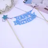 Festliga leveranser icke-vävda banners Happy Birthday Cake Topper Pink Blue Toppers Party för baby shower dekorationer