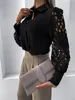 Sexy Lace Hollow Out Women Bloups 2022 Spring Black Vintage Button Up Camisetas Top Mesh Longa Mesh Tops Femme