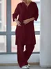 Women's Two Piece Pants 2PCS Autumn Matching Sets Women Fashion Solid 3/4 Sleeve Blouse Casual Loose Wide Leg Trousers Cotton Pant Sets Oversize Suits 220921