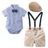 Kledingsets Baby Boy Romper Gentleman Set for Kids Birthday Party Plaid Overalls Shorts Boys Deskleding Infant Outfits met Bowtie