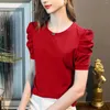 Kadın Tişörtleri Puf Kılıf Üstü Kadın Yaz Yuvarlak Boyun İnce Düz Renk Kısa kollu tişört küçük gömlek