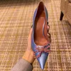 Muaddi Bowknot Strass High Heel Schuhe Luxus Designer Lack Satin Kristall Dekoration Spitze Dress10CM Top Bankett Kleid