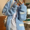 Cardigan femminile lavorato a maglia lavorato a maglia da donna con stampa carina nuvole o collo giacca da donna a maniche lunghe casual allentata da donna blu bianco