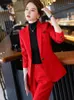 Women's Two Piece Pants Red White Black Women Business Work Wear Pant Suit Formal Office Ladies Long Sleeve Blazer And Trouser Female Slim 2