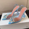 Amina Muadi Sandálias de PVC Sapato de Salto Sapato de Luxo Designer Laço Enfeitado com Cristal Fivela Bico Pontudo Sandália de Girassol 10Cm Jantar Calçado de Fábrica Com Caixa