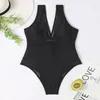 Women's Swimwear Solid Black Mesh Plunge V Neck Push Up Women's Swimsuit One Piece High Waist Bodysuit 2022 Monokini Bathing Suit