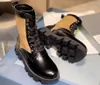 2023 Designer Paris Rocksand Leather en Nylon Combat Boots Cross Band Tied Rivet Triangle Pattern Ankle Short Booties Flat Platform Brand Sneakers Maat 35-41