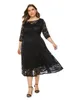 Casual jurken vintage kanten plus size jurk 2022 zomer vrouwen sexy hol uit 3/4 mouw pocket zwart mesh 4xl 5xl 6xl