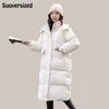 Kvinnor Down Parkas Loose Hooded Thicken Long Parkas Streetwear Cotton Padded Warm Windproect Winter Coat White Snow Wear Women Jacket Outwear 220921